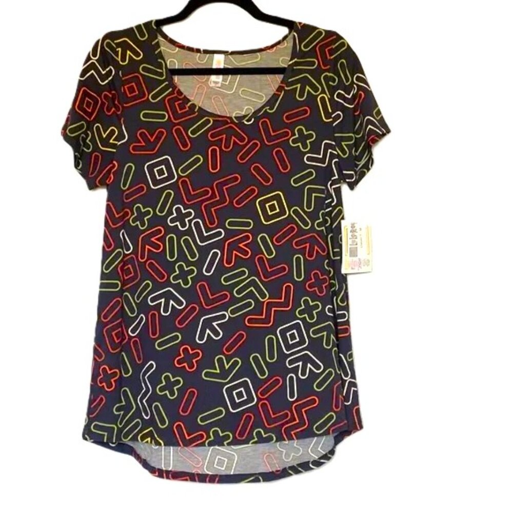 LuLaRoe Classic T‎ Medium Tunic Top Geometric Orange Green Yellow Black White